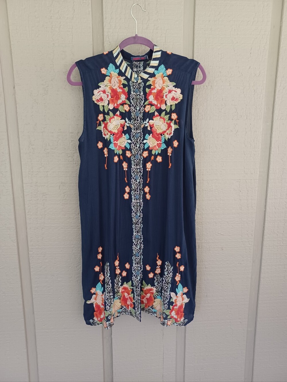 Johnny Was Basille Embroidered Mini Dress Size M Floral Sleeveless Buttons Boho